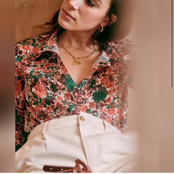 Sezane PIERRO SHIRT in mini Flowers Peach and Green - Picture 2 of 8